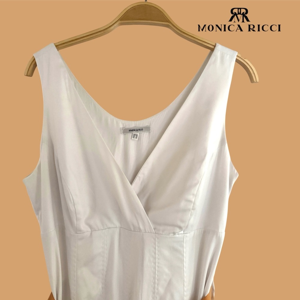 🛍️SALE🛍️ Monica Ricci White V-Neck Sleeveless Midi Dress with Tan Waist Sash - Picture 3 of 8